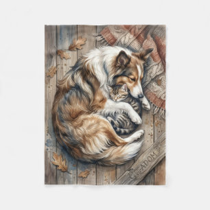 Manta Polar Perro Dormido Y Gato Acurrucándose Fondo De Madera