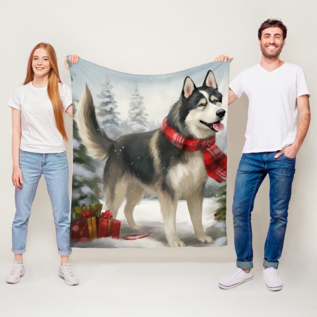 Manta Polar Perro Husky Siberiano en Navidad con nieve (In situ)