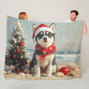 Manta Polar Perro Husky Siberiano Navidad Vintage Playa