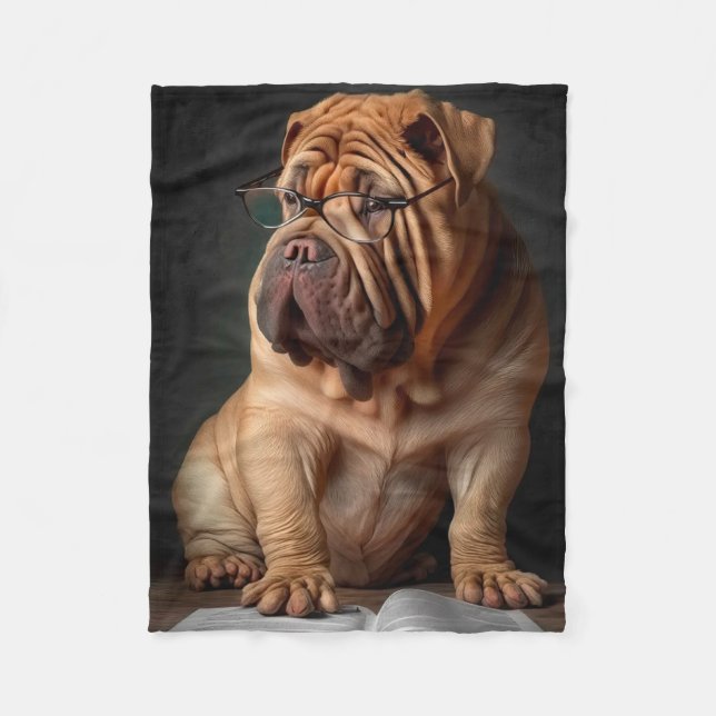 Manta Polar Perro inteligente Shar Pei con diseño de libros (Anverso)