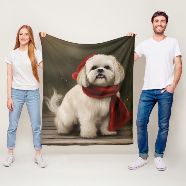 Manta Polar Perro Lhasa Apso en Navidad con Nieve (In situ)