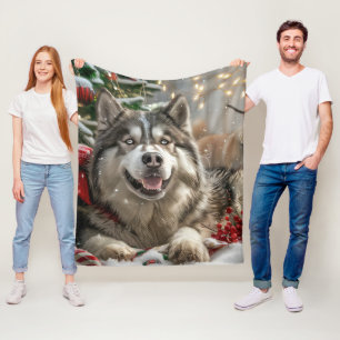 Manta Polar Perro Malamute de Alaska Navideño Festivo