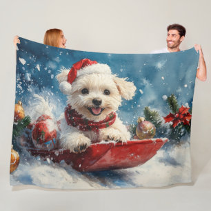 Manta Polar Perro maltés con manchas deja que nieve Navidades