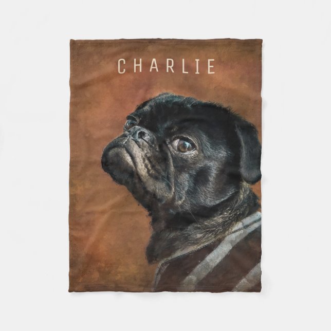 Manta Polar Perro negro pug personalizado (Anverso)