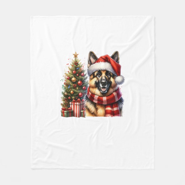 Manta Polar Perro pastor alemán lindo árbol de Navidad Santa H (Anverso)