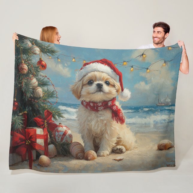 Manta Polar Perro Pekinés Navidad Vintage Playa (In situ)