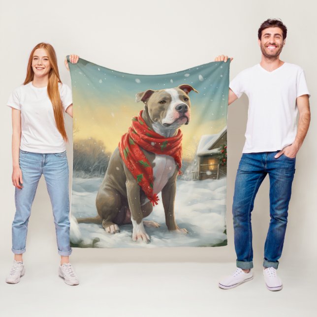 Manta Polar Perro Pitbull en Navidad con Nieve (In situ)