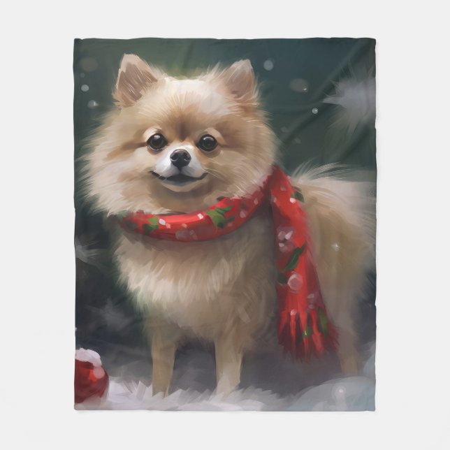 Manta Polar Perro Pomerania en Navidad con Nieve (Anverso)