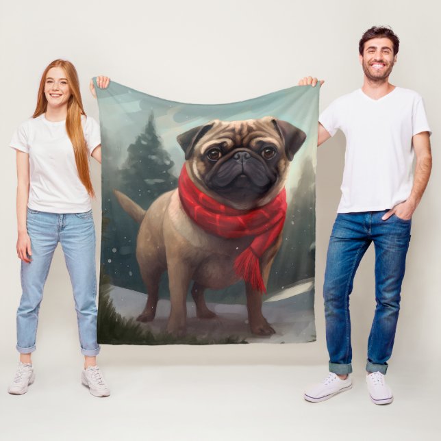 Manta Polar Perro Pug en Navidad con Nieve (In situ)