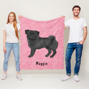 Manta Polar Perro Pug Negro Corazones Rosas y Fregonas Con Nom