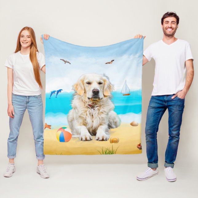 Manta Polar Perro Retriever Dorado en la Playa (In situ)