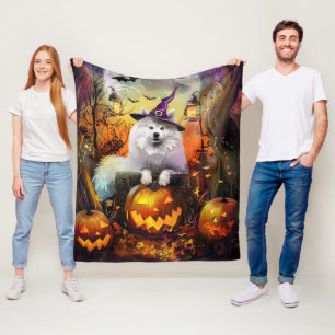 Manta Polar Perro Samoyedo Espeluznante Bruja y Calabaza de Ha