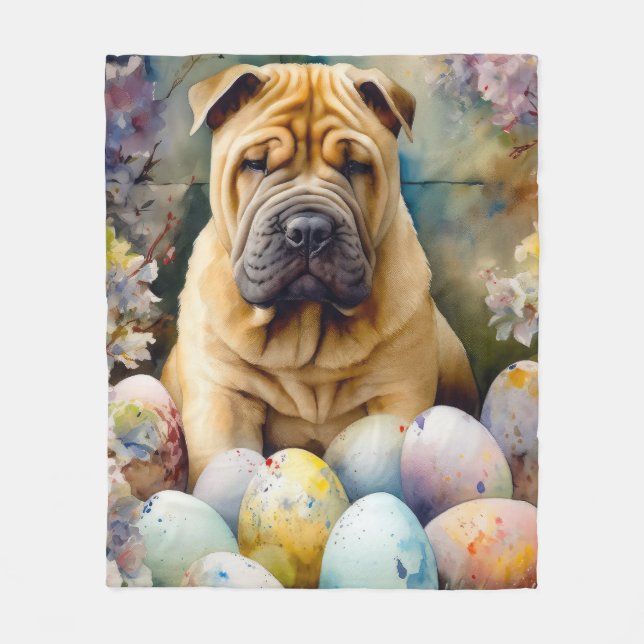 Manta Polar Perro Shar Pei con festividad de huevos de Pascua (Anverso)