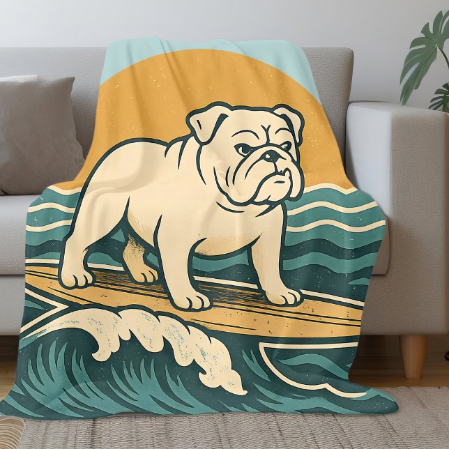 Manta Polar Perro Surfista Retro Azul Arte Bulldog Surfista Co (Subido por el creador)