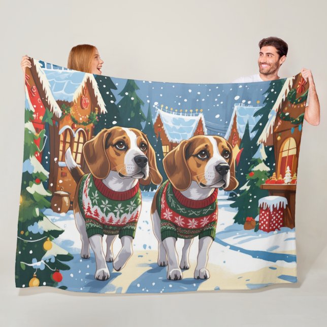 Manta Polar Perros Beagle Navidad Nieve Fiesta (In situ)