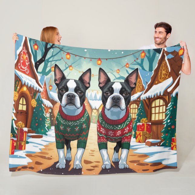Manta Polar Perros Boston Terrier Navidad Nieve Fiesta (In situ)