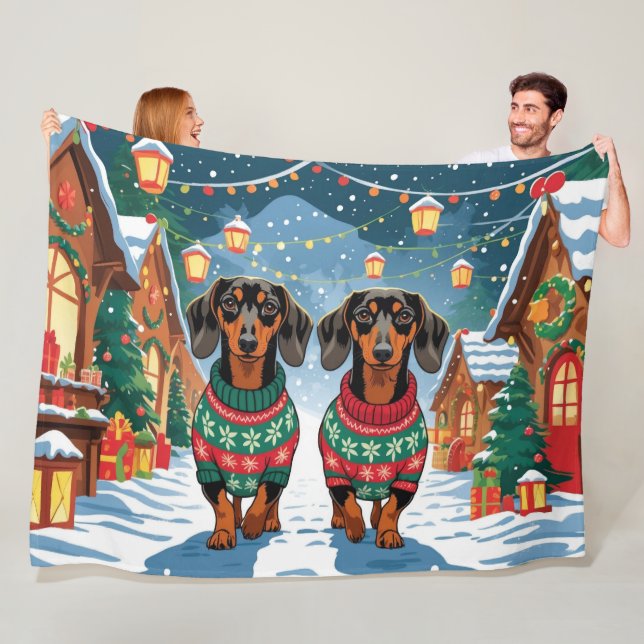 Manta Polar Perros Dachshund Navidad Nieve Fiesta (In situ)