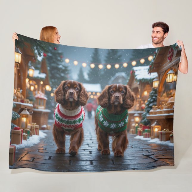 Manta Polar Perros Spaniel Tibetano Navidad Nieve Fiesta (In situ)