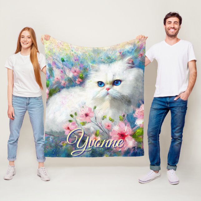 Manta Polar Persian Cat Blue Eyes in Pink Flowers Personalized (In situ)