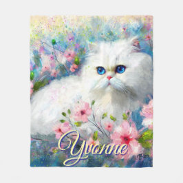 Manta Polar Persian Cat Blue Eyes in Pink Flowers Personalized
