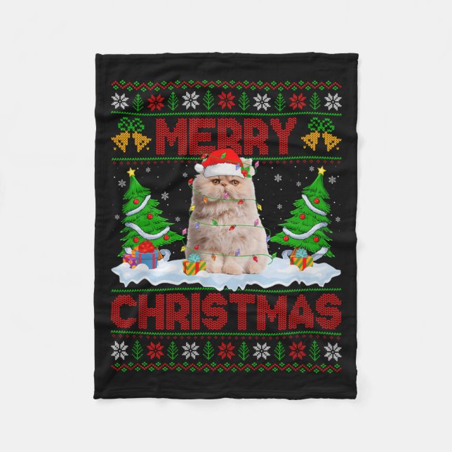 Manta Polar Persian Cat Ugly Xmas Sweater Funny Animal Lights  (Anverso)