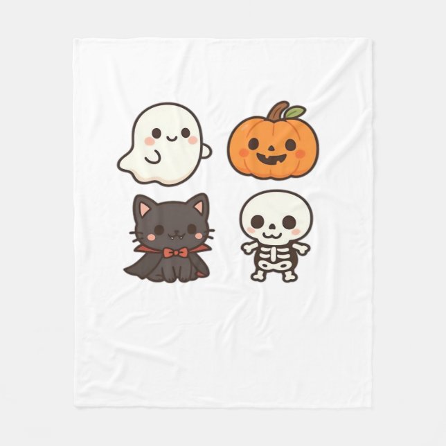 Manta Polar Personajes de Halloween - Fantasma, Calabaza, Gato (Anverso)