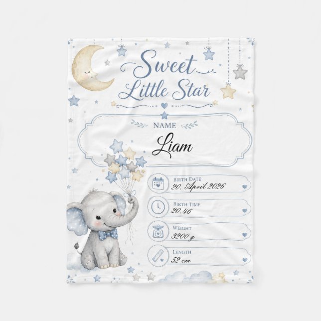 Manta Polar Personalisierbare Baby Geburtstafel mit Elefant  (Anverso)