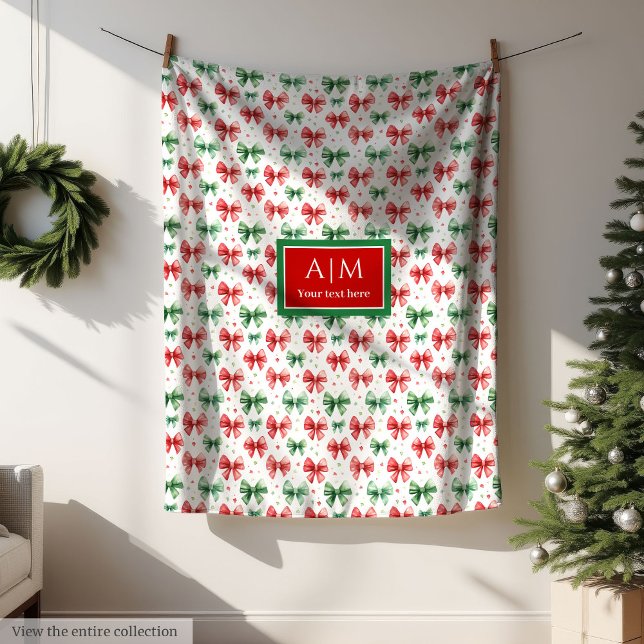 Manta Polar Personalizado acuarela Navidades de arcos rojos fe (Custom watercolor festive red green bows Christmas Fleece Blanket)