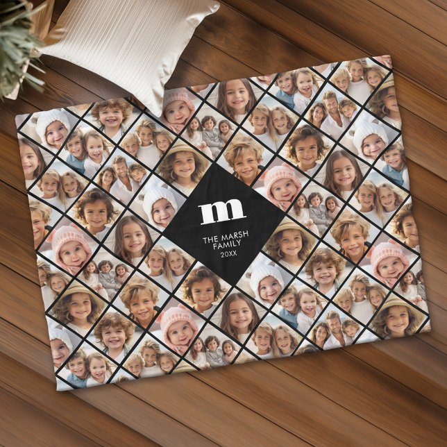 Manta Polar Personalizado Collage 12 Foto - monograma familiar (Personalized fleece blanket with 12 photos and custom text)