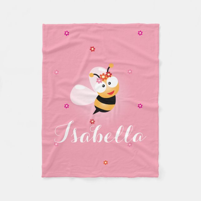 Manta Polar Personalizado De Abeja, Niña De Flor Rosa (Anverso)