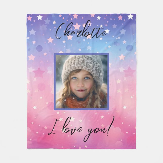 Manta Polar Personalizado de Estrellas Púrpuras Rosadas Chica  (Anverso)