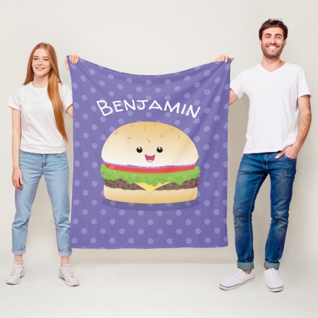 Manta Polar Personalizado de hamburguesa kawaii feliz (In situ)