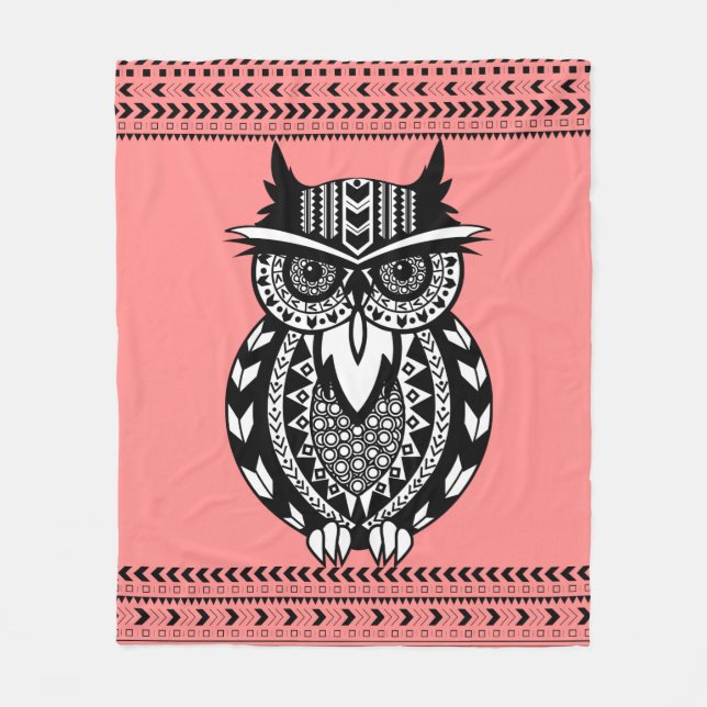 Manta Polar Personalizado de Lechuza Tribal Negra y Blanca (Anverso)