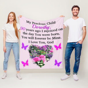 Manta Polar Personalizado FLORAL ROSA Y PURPLE 90º CUMPLEAÑOS