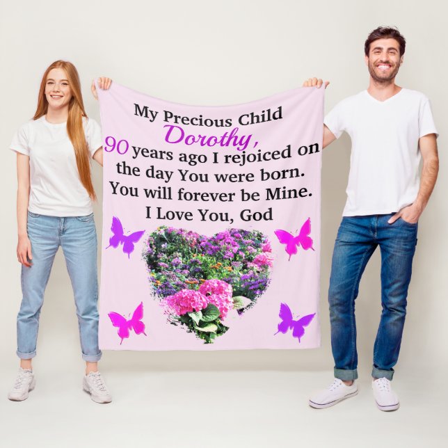 Manta Polar Personalizado FLORAL ROSA Y PURPLE 90º CUMPLEAÑOS (In situ)