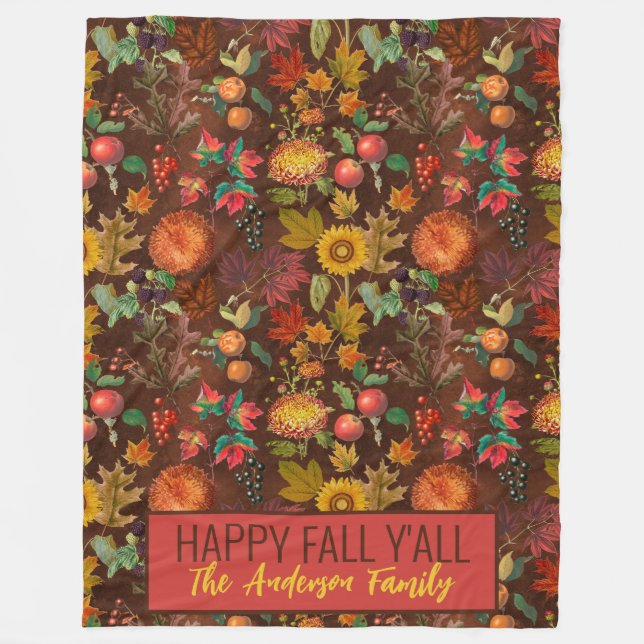 Manta Polar Personalizado Happy Fall Y'all Otoño Botanical (Anverso)