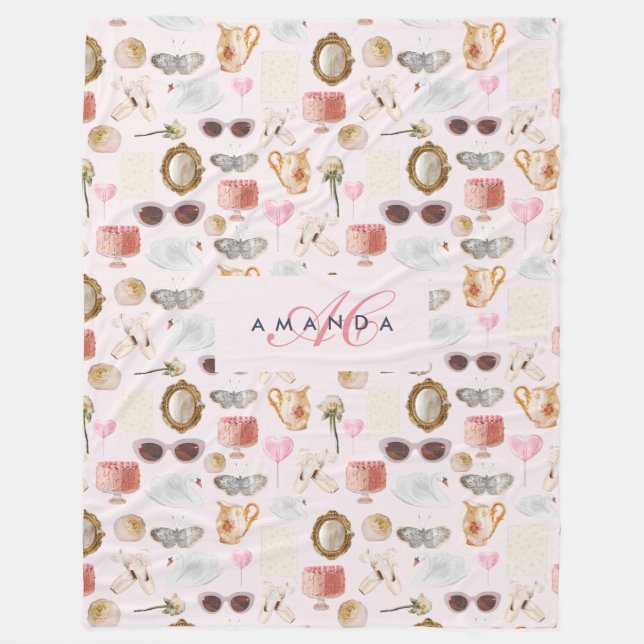 Manta Polar Personalizado Monograma Coquette Cute chica Rosa F (Anverso)