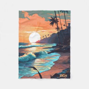 Manta Polar Personalizado Monograma Tropical Beach Sunset