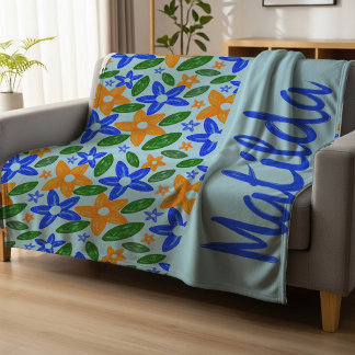 Manta Polar Personalizado Retro Azul y Naranja Floral