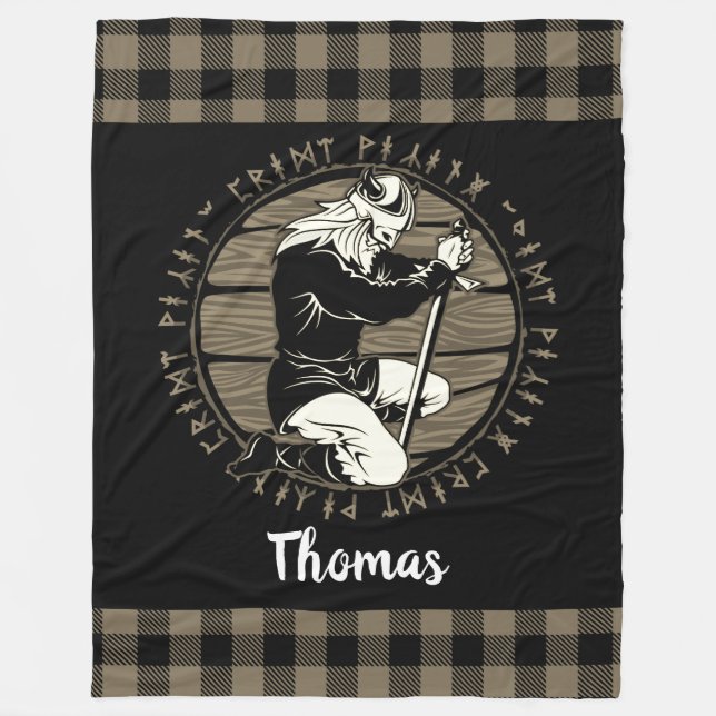 Manta Polar Personalizado Viking Kneeling Oración Rune Tan Bla (Anverso)