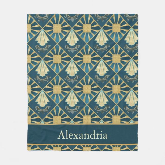 Manta Polar Personalized Art Deco Teal & Gold Geometric Name  (Anverso)
