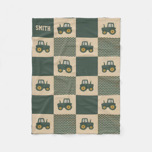 Manta Polar Personalized Baby Name Cute Farm Green Tractor  (Anverso)