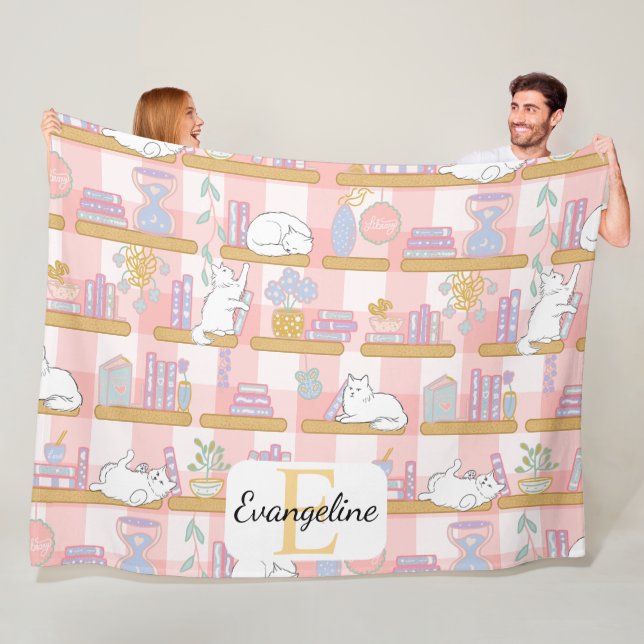 Manta Polar Personalized Bookish Cat Gift Pink Pastel Name (In situ)