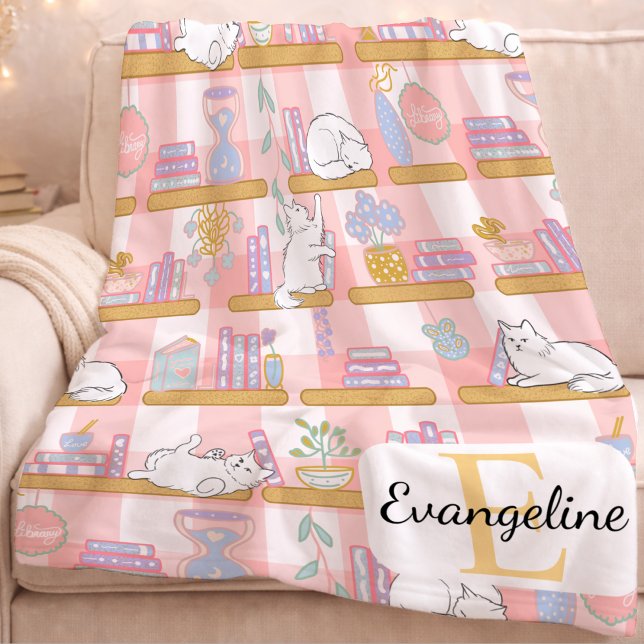 Manta Polar Personalized Bookish Cat Gift Pink Pastel Name (Subido por el creador)