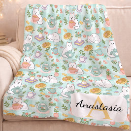 Manta Polar Personalized  Cat Monogram Name Pastel High Tea