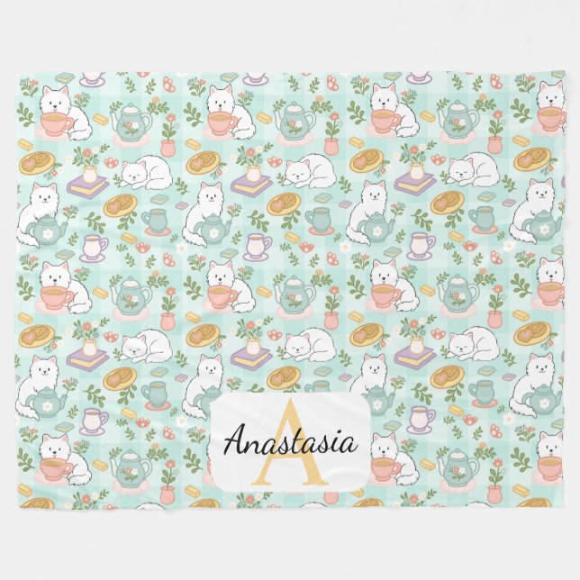Manta Polar Personalized  Cat Monogram Name Pastel High Tea (Frente (Horizontal))