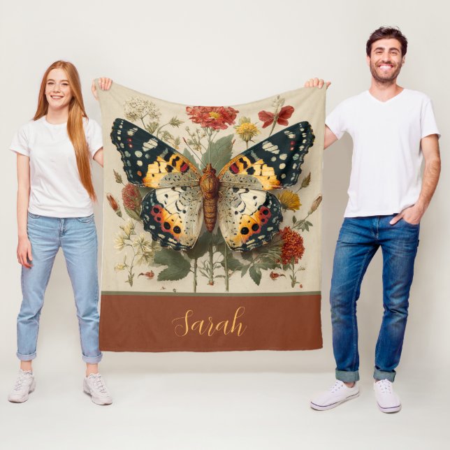 Manta Polar Personalized Fleece Blanket Butterfly Floral Tan (In situ)