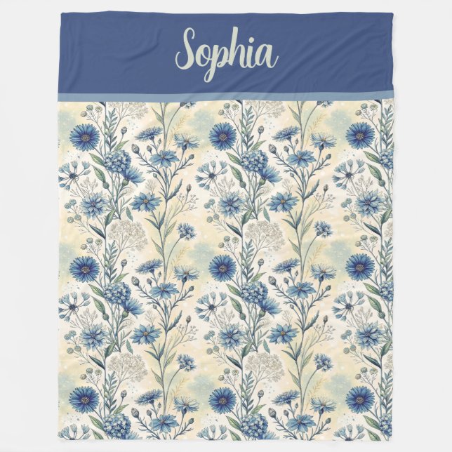Manta Polar Personalized Name Blue Wildflowers (Anverso)