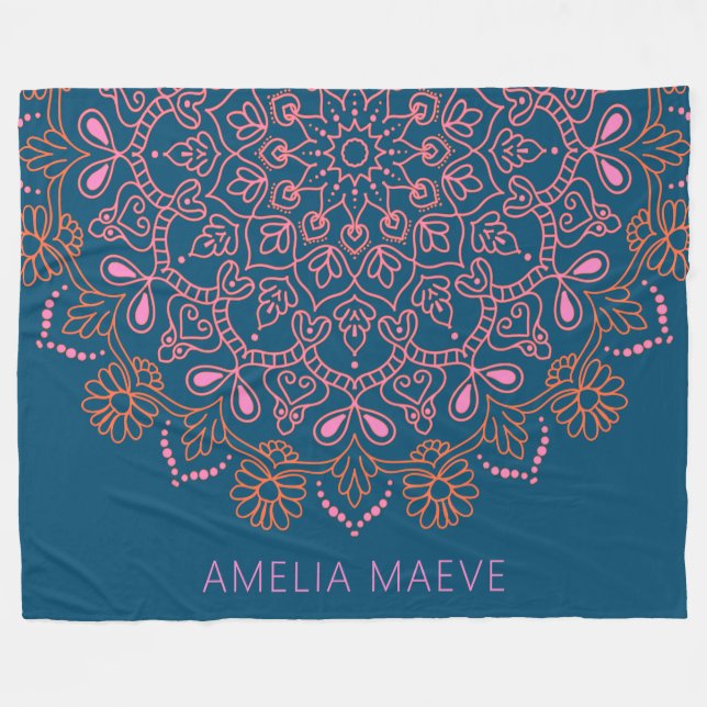 Manta Polar Personalized Name Boho Mandala Floral Blue Pink  (Frente (Horizontal))
