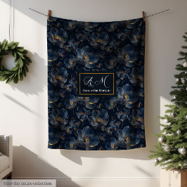 Manta Polar Personalized Navy Blanket Chic Gold Flowers Gift
